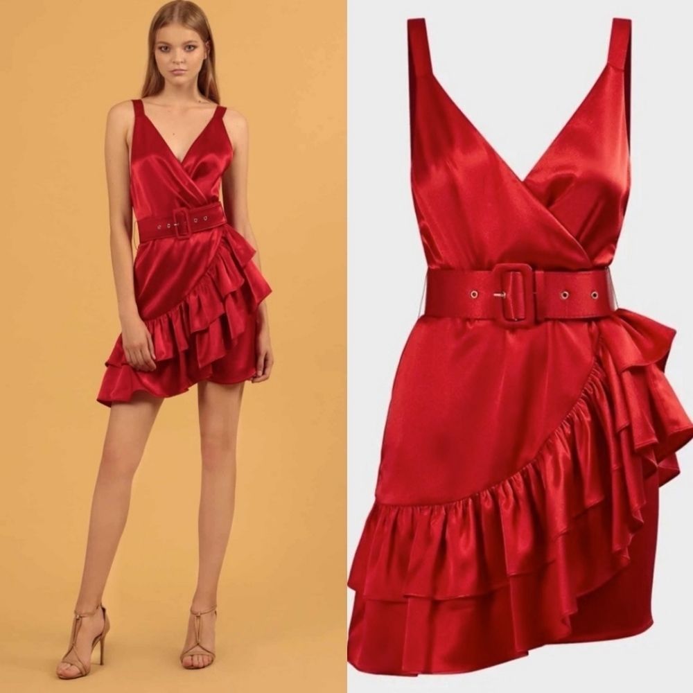 Bronx and Banco Red Satin Ruffle Mini Dress